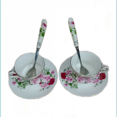 2 Cups with Saucers & 2 Stylish Spoons | NoboDokan