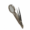 Side view of a 10X magnification handheld glass with integrated precision tweezers, made of polished metal.