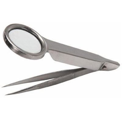 Heavy-duty metal magnifying glass with built-in tweezers, ideal for electronics repair, jewelry making, or medical use.