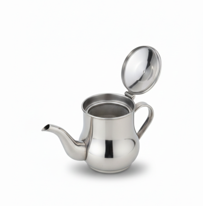 Open lid view of a 24oz stainless steel teapot showing the internal filter.