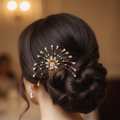 পাথরের কারুকাজ করা গর্জিয়াস হেয়ার ক্লিপসহ একটি পরিপাটি খোপার হেয়ার স্টাইল।"