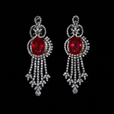 Close-up shot of elegant silver dangle earrings with central oval red gemstones and intricate diamond-studded floral patterns.