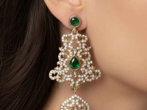 Close-up of antique style imitation chandelier earrings with green stone and crystal detailing worn on ear