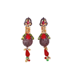 Pair of ornate antique-style dangle earrings featuring large red ruby-like stones, gold beadwork, and green crystal accents on a white background.