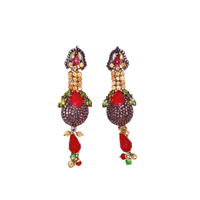 Pair of ornate antique-style dangle earrings featuring large red ruby-like stones, gold beadwork, and green crystal accents on a white background.