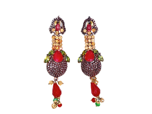 Pair of ornate antique-style dangle earrings featuring large red ruby-like stones, gold beadwork, and green crystal accents on a white background.