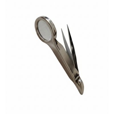 Angled view of professional-grade magnifying tweezers designed for picking up tiny objects or removing splinters.