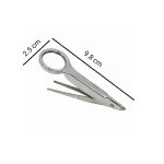 A set of stainless steel precision magnifying tweezers showing dimensions of 9.8 cm in length and 2.5 cm lens width on a white background.