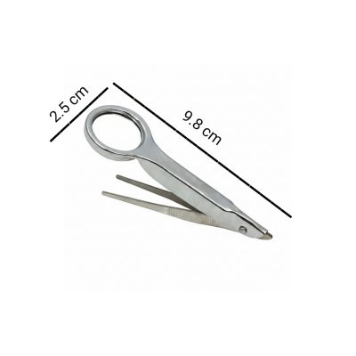 A set of stainless steel precision magnifying tweezers showing dimensions of 9.8 cm in length and 2.5 cm lens width on a white background.