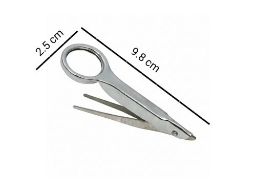 A set of stainless steel precision magnifying tweezers showing dimensions of 9.8 cm in length and 2.5 cm lens width on a white background.
