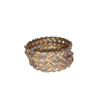 Close-up of stacked two-tone braided bangles with intricate gold and silver leaf patterns and embedded diamonds.