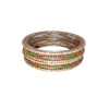 ​A stack of thin, gold-toned bangles featuring a textured surface heavily encrusted with sparkling white crystals. Two of the central bangles are accented with a swirling pattern of small red and emerald-green stones, adding a vibrant touch of color to the traditional jewelry design.