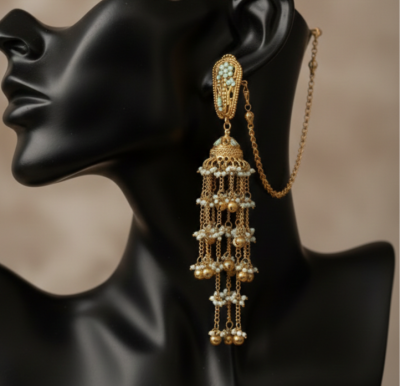 A side-profile view of a black jewelry mannequin wearing a tiered gold Jhumka earring. The image highlights the craftsmanship of the cascading chains and the way the ear chain drapes behind the ear.