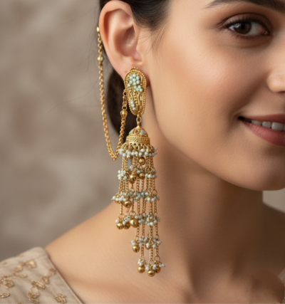 A close-up of a woman smiling, wearing a large, intricate gold Jhumka earring. The earring is decorated with mint green and white beads. A delicate gold chain (ear string) wraps from the earring stud up to the top of her ear, tucked into her hair.