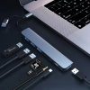 7-in-1 Multi-port USB-C and USB 3.0 dual connector hub featuring aluminum body, SD/TF card slots, and audio jack.7-in-1 Multi-port USB-C and USB 3.0 dual connector hub featuring aluminum body, SD/TF card slots, and audio jack.